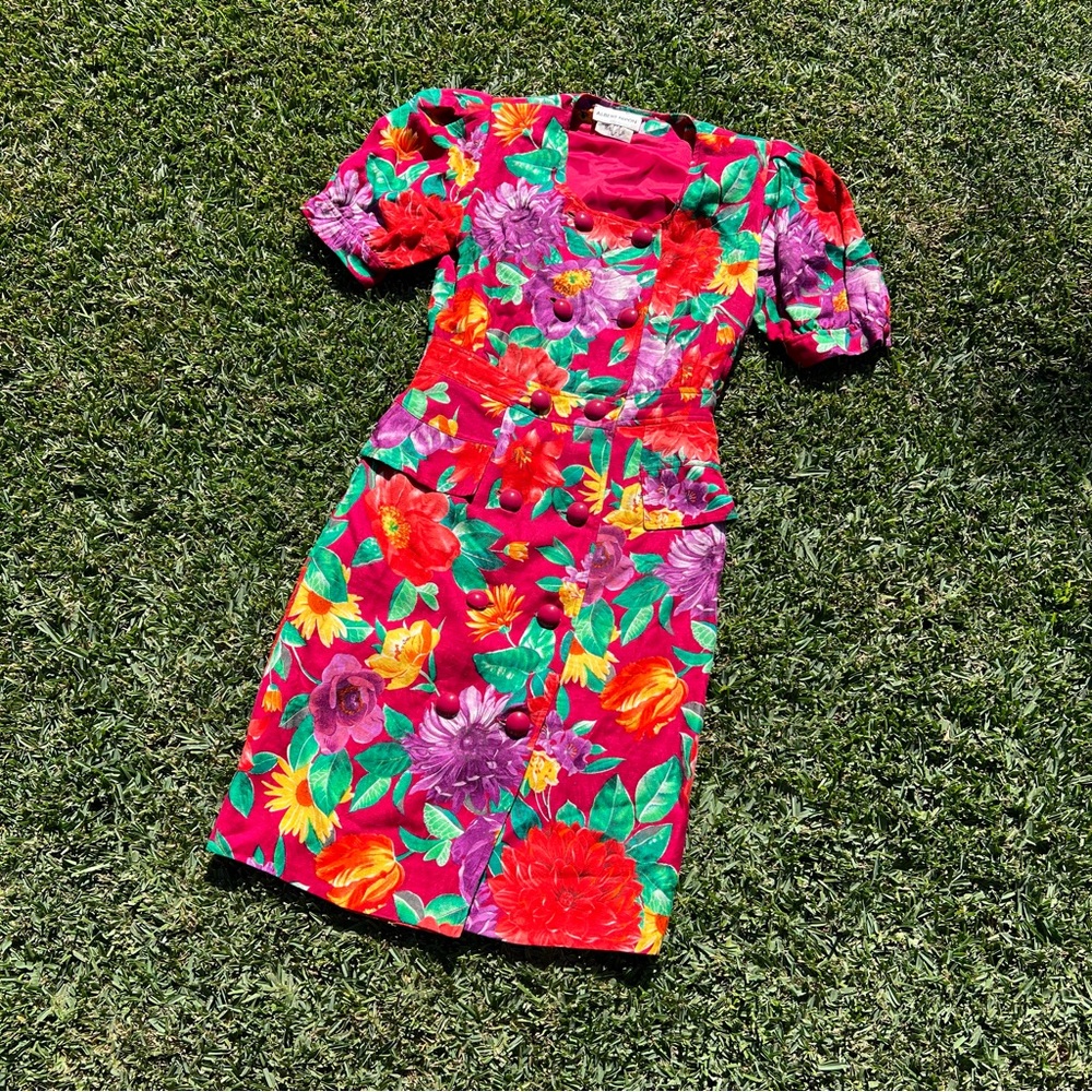 80s Albert Nipon Colorful Floral Midi Dress